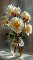 Elegant white roses in a glass vase placed by a window with soft sunlight filtering through at early morning photo