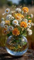 Beautiful bouquet of wildflowers in a clear glass vase set against a sunny backdrop of a meadow in springtime photo