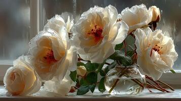 Elegant white roses in a glass vase with droplets on petals near a window photo