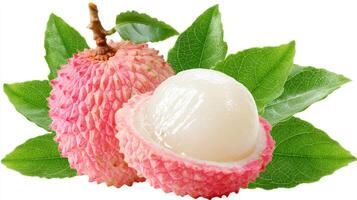 Juicy Pink Lychee with Green Leaves on White Background photo
