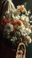 Beautiful floral arrangement featuring vibrant blooms in a woven basket during soft, natural light photo