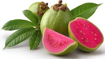 Juicy Pink Guava Slices with Green Guava and Leaves on White Background photo