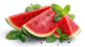 Juicy Red Watermelon Slices with Fresh Mint Leaves on White Background photo