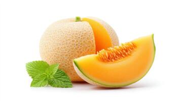 Ripe Cantaloupe Melon Slice with Mint Leaves on White Background photo
