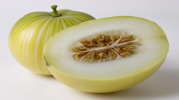 Ripe Honeydew Melon Halved and Whole on White Background photo