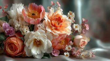 Delicate arrangement of colorful flowers in soft light with subtle shadows on fabric backdrop photo