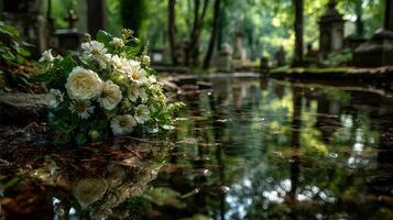 Blooming bouquet floats gently on the water surface in a serene cemetery during a peaceful afternoon photo