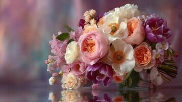 Beautiful bouquet of colorful flowers reflecting on a tranquil surface surrounded by soft pastel hues photo