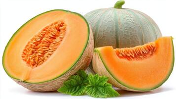 Ripe Orange Cantaloupe Halves and Slice on White Background photo