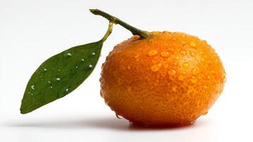 Ripe Orange Kumquat with Water Droplets and Green Leaf on White Background photo