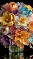 Bright and colorful bouquet of assorted flowers in a glass vase on a dark background photo