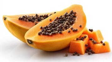 Ripe Orange Papaya Slices and Cubes on White Background photo