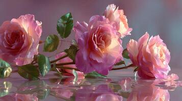 Roses in soft hues reflect in tranquil water, showcasing their delicate beauty in a serene setting photo