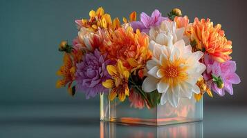 Bright floral arrangement in a glass vase showcasing vibrant blooms and delicate petals photo