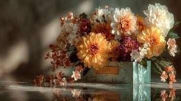 Colorful floral arrangement with autumn hues displayed in a decorative box indoors during afternoon light photo