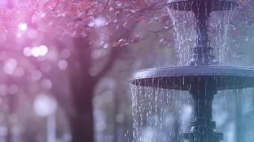 Serene Teal Fountain with Pink Autumn Leaves photo