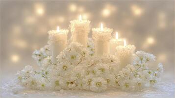 Serene White Candle Arrangement with Blossoms and Soft Bokeh Lighting photo