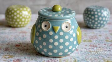 Teal Ceramic Owl Jar with White Polka Dots on Floral Tablecloth photo
