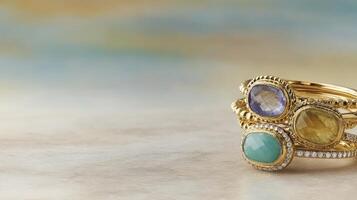 Three Gold Rings with Varied Gemstones on Beige Surface photo