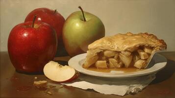 Still Life Painting of Apple Pie and Apples photo