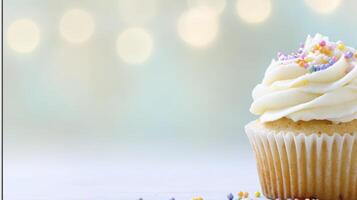 Delightful Vanilla Cupcake with Sprinkles on Light Wooden Background photo
