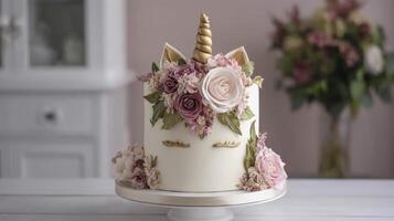 Delicate Pink and Mauve Floral Unicorn Cake with Gold Accents photo