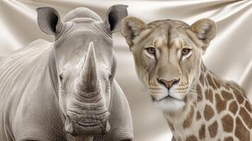 Gray Rhinoceros and Tan Lioness on Beige Fabric Background photo