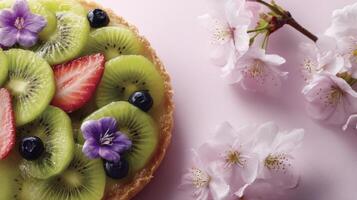 Delightful Fruit Tart with Kiwi and Blossoms photo