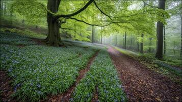 Misty Forest Path with Blue Wildflowers and Large Tree photo