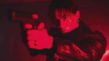 Man Aiming Handgun in Red Dramatic Lighting photo