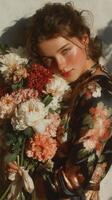 Beautiful woman embraces vibrant flowers against a textured background in warm lighting photo