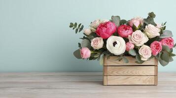 Pastel Flower Arrangement in Wooden Crate on Whitewashed Table photo