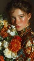 Portrait of a young woman with blue eyes holding vibrant flowers in a warm and artistic setting during soft afternoon light photo