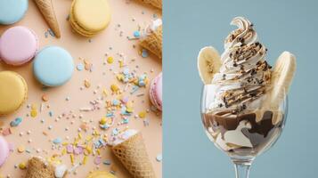 Pastel Macarons and Decadent Banana Split Dessert on a Divided Background photo