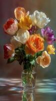 Colorful tulip bouquet in a glass vase showcasing spring blooms on a soft gradient background photo
