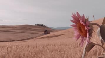 Pink Sunflower in a Peach Toned Wheat Field photo