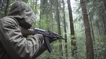 Person Aiming Rifle in Green Forest photo