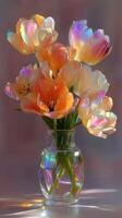Beautiful arrangement of orange and white tulips in a glass vase reflecting light in a soft background photo
