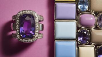 A ring with a purple stone and a diamond photo