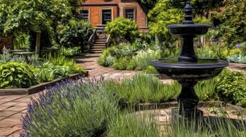 Serene Garden with Dark Fountain and Lavender Plants photo