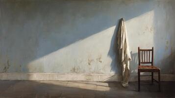 Rustic Interior with Wooden Chair and Draped Cloth in Sunlight photo