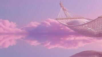 Serene Pink Hammock in Pastel Sky with Cloud Reflections photo