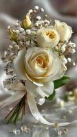 Elegant white rose bouquet adorned with delicate gypsophila and ribbon on soft fabric background photo