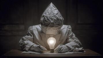 Stone Figure With Lightbulb In Dark Setting photo