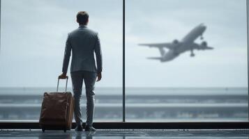 Businessman Observing Airplane Departure From Airport Window photo