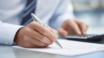 Close Up Of Hands Calculating And Writing On Documents photo