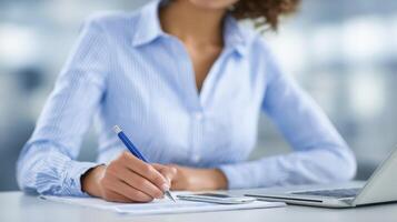 Businessperson Writing On Document At Desk photo
