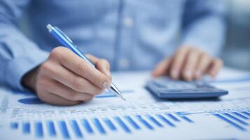 Close up Of Hands Calculating Finances With Calculator And Pen photo