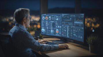 Focused Business Professional Analyzing Data at Night photo