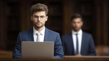 Focused Young Professional In Dark Blue Suit Using Laptop In Library photo